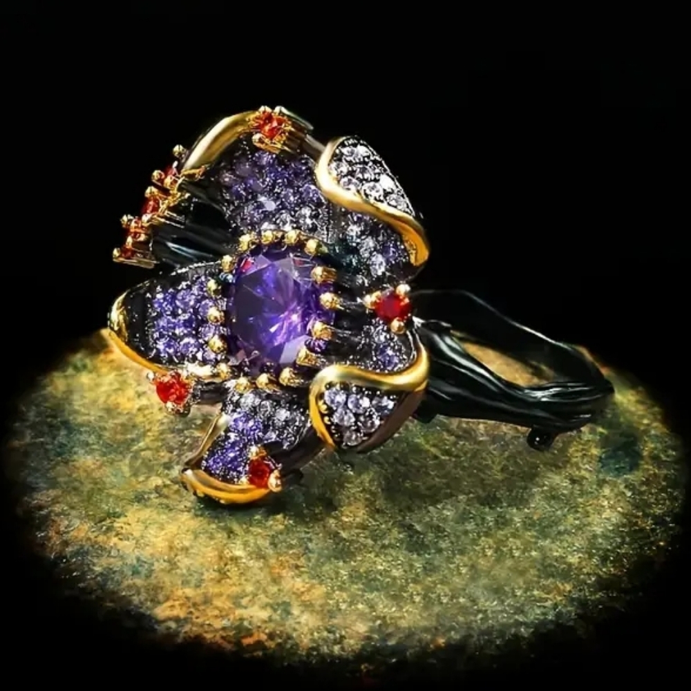 "Rare Indigo Orchid" .925 Solid Sterling Silver Black Gold Plated Statement Ring - Picture 6 of 6